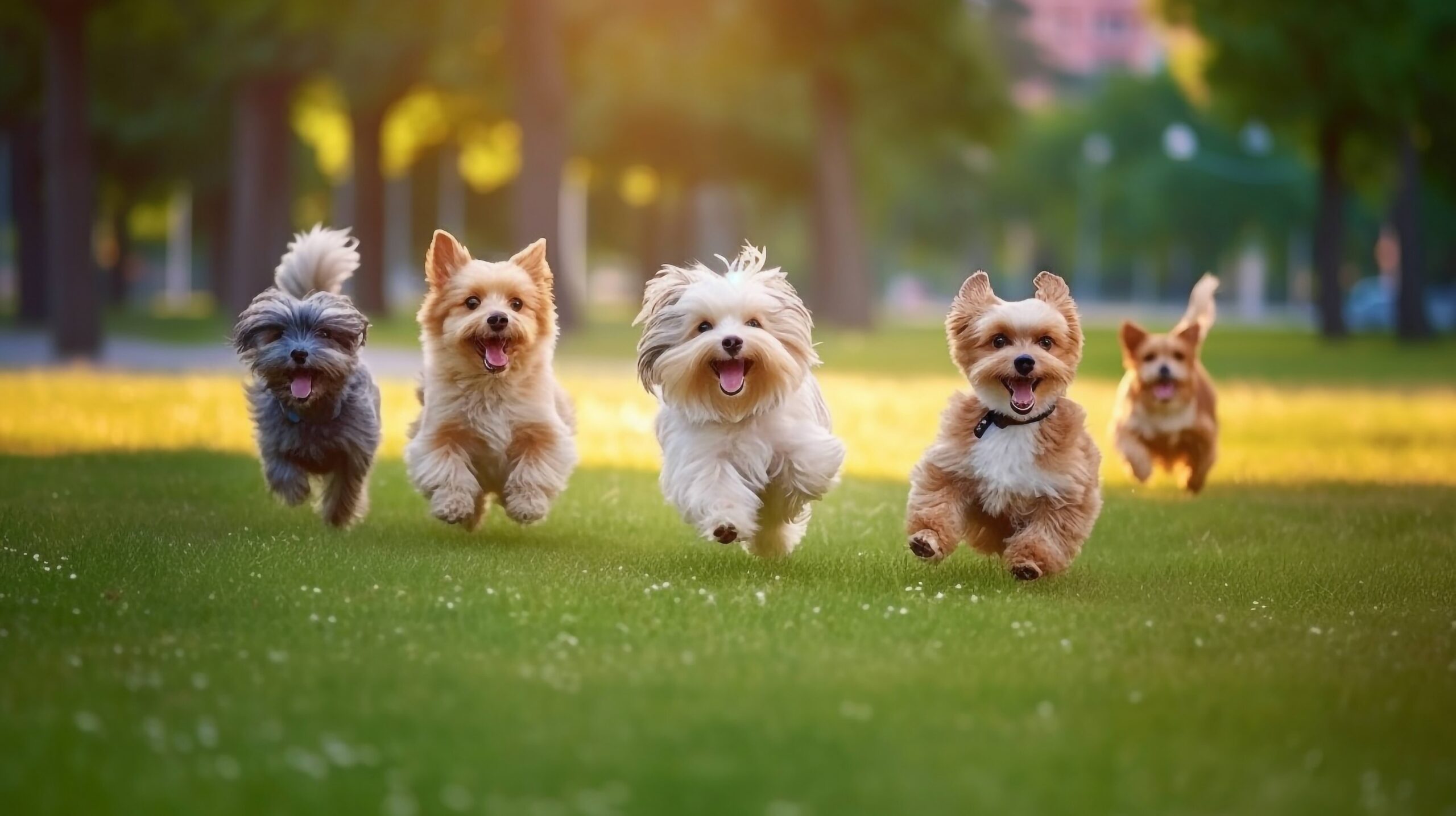 beim Hundetraining rennen mehrere Kleinhunde fröhlich im Park auf die Menschen zu