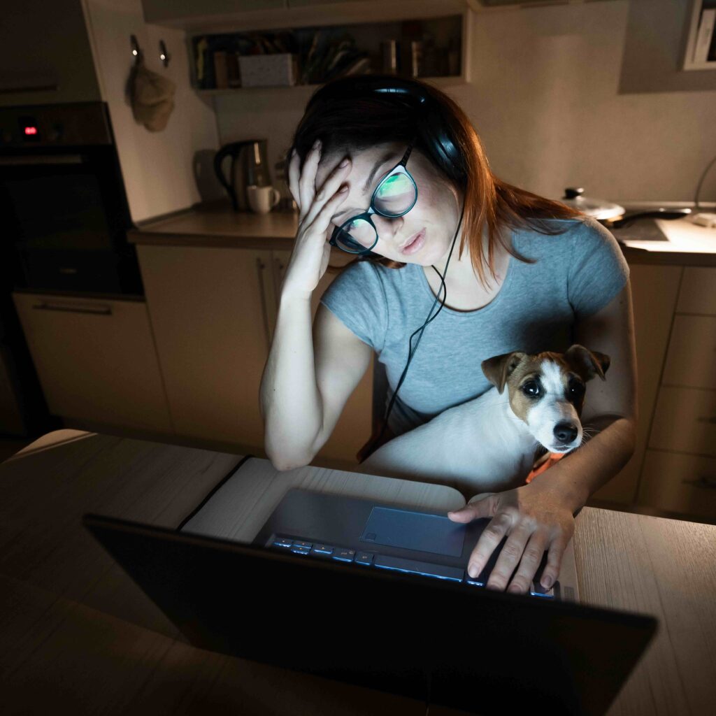 Junge Frau mit Hund zuhause beim Online Hundetraining vor dem Computer